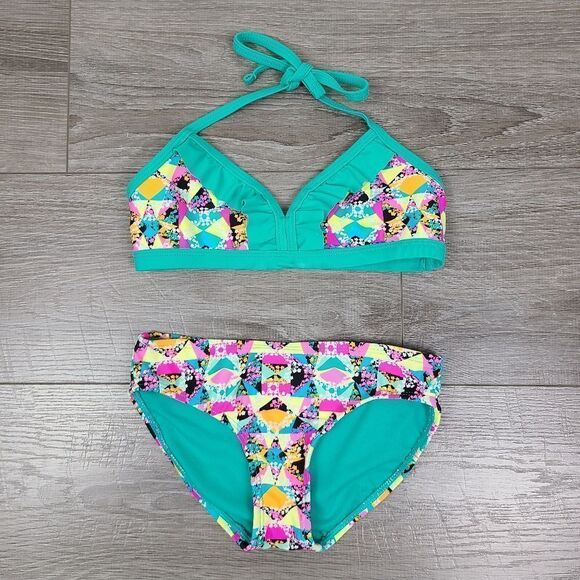 XHILARARION Girl's Neon Geometric Print 2 Piece Bikini Swimsuit Size 6 - Picture 2 of 11